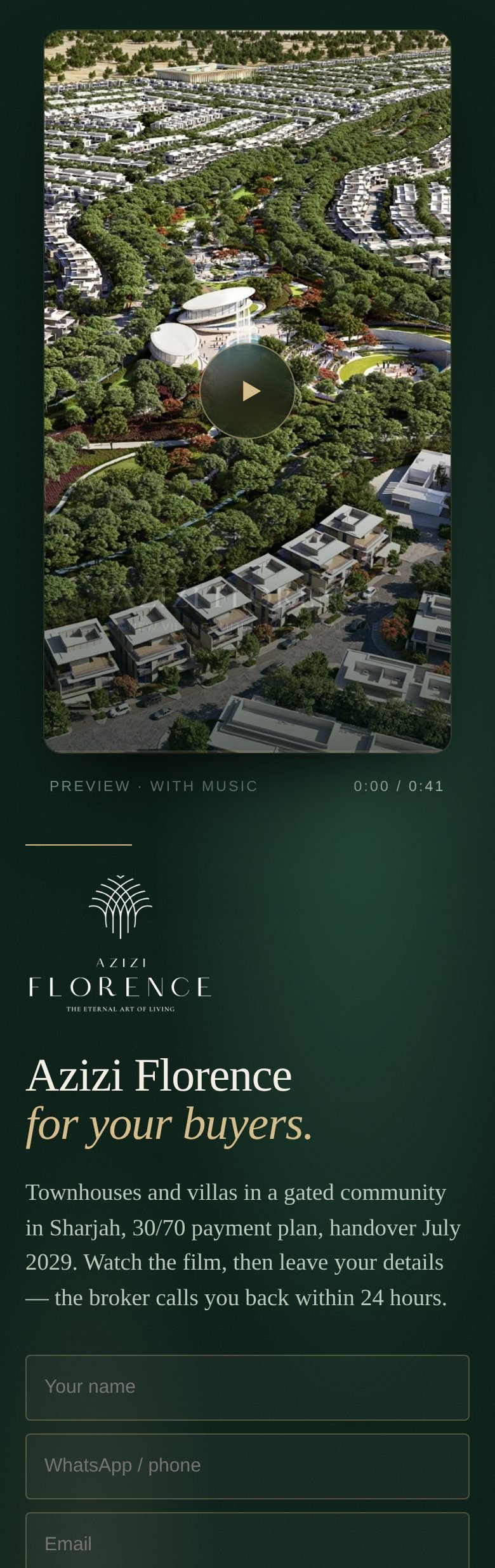 Buyer page for the Azizi Florence launch, shown on a phone